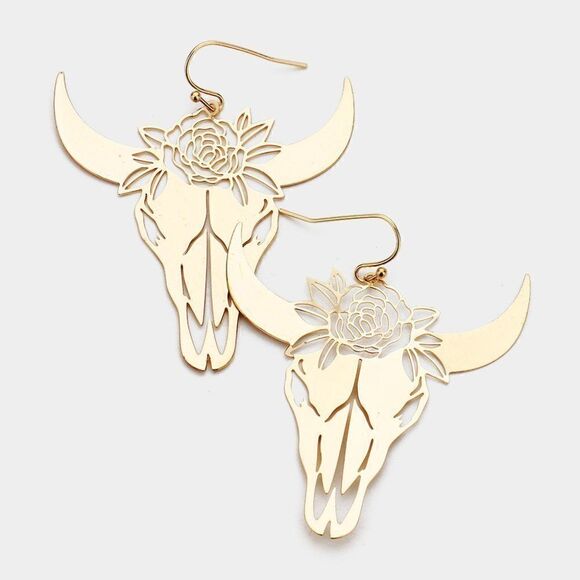 5/$25 Steer Head Cut Out Flower Gold Earrings - Picture 1 of 6
